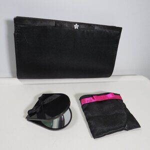 Elegant Black Satin Evening Clutch Includes Coin Pouch & Compact Mirror